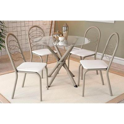 Sala de Jantar Completa Volga c/ Tampo de Vidro 95cm e 4 Cadeiras Holanda Niquel - Branco - Kappesberg