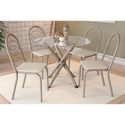 Sala de Jantar Completa Volga c/ Tampo de Vidro 95cm e 4 Cadeiras Holanda Niquel - Bege - Kappesberg