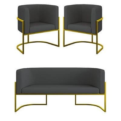 Kit 2 Poltronas + Sofá 2 Lugares Base De Metal Gold Corino Cor:cinza Cinza