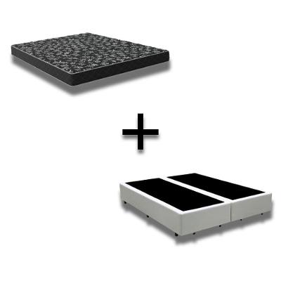 Cama Box Casal 138 Bipartido Tecido Branco Com Colchão D20 Tampo Preto 12cm