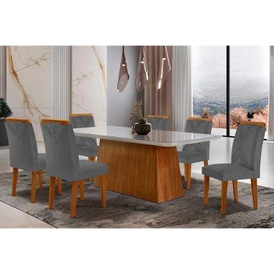 Sala De Jantar Completa Luna Tampo Madeirado C- Vidro Canto Curvo 180x90 E 6 Cadeiras Amsterdã Imbuia-veludo Grafite - Rufato