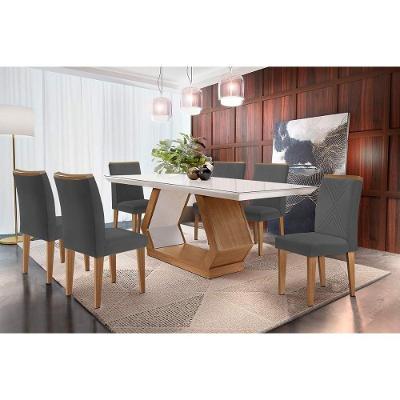 Sala De Jantar Completa Alvorada Tampo Madeirado C- Vidro Canto Reto 180x90cm E 6 Cadeiras Amsterdã Imbuia-off White - Veludo Grafite - Rufato