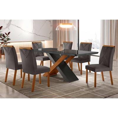 Sala De Jantar Completa Imperatriz Tampo Madeirado C- Vidro Curvo 180x90 E 6 Cadeiras Amsterdã Imbuia-veludo Grafite - Rufato