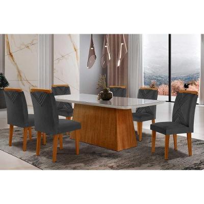 Sala De Jantar Completa Luna Tampo Madeirado C- Vidro Canto Reto 180x90 E 6 Cadeiras Amsterdã Imbuia - Veludo Grafite - Rufato