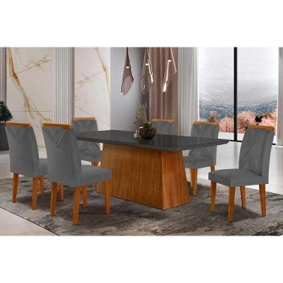 Sala De Jantar Completa Luna Tampo Madeirado C- Vidro Canto Curvo 180x90 E 6 Cadeiras Amsterdã Imbuia-veludo Grafite - Rufato