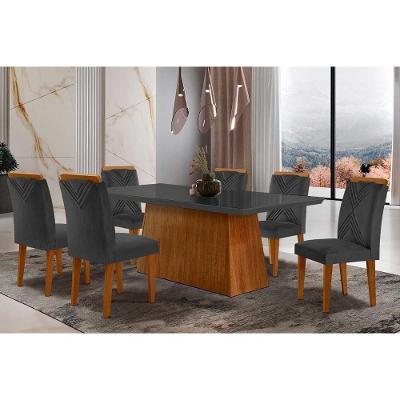 Sala De Jantar Completa Luna Tampo Madeirado Com Vidro Reto 180x90 E 6 Cadeiras Amsterdã Imbuia - Veludo Grafite - Rufato