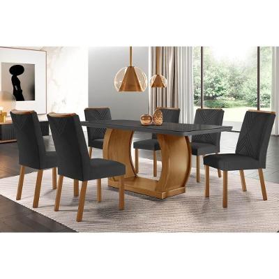 Sala De Jantar Completa Jade C- Tampo Madeirado C- Vidro Canto Curvo 180x90cm E 6 Cadeiras Amsterdã Imbuia-grafite - Suede Grafite - Rufato