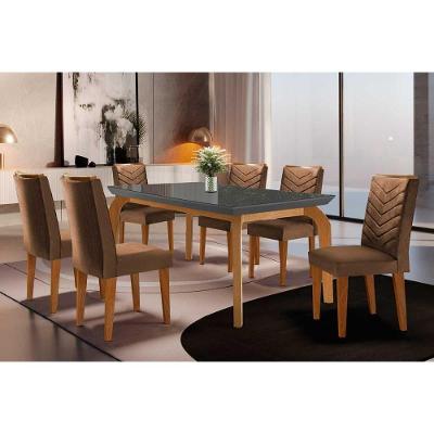 Sala De Jantar Completa Londrina C- Tampo Madeirado Vidro Canto Curvo 180x90cm E 6 Cadeiras Londrina Imbuia-grafite - Veludo Capuccino - Rufato