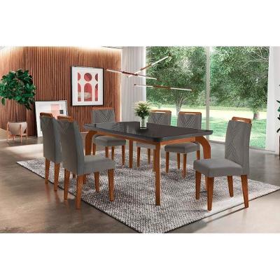 Sala De Jantar Completa Londrina Tampo Madeirado C- Vidro Curvo 180x90 E 6 Cadeiras Amsterdã Imbuia - Veludo Grafite - Rufato