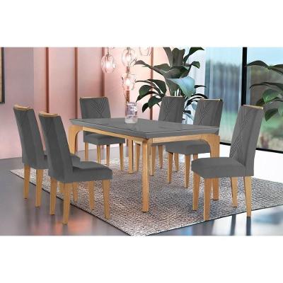 Sala De Jantar Completa Londrina C- Tampo Madeirado C- Vidro Canto Curvo 180x90cm E 6 Cadeiras Amsterdã Imbuia-grafite - Suede Grafite - Rufato