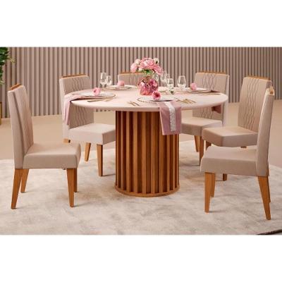 Sala De Jantar Completa Viena Tampo Madeirado C- Vidro 136cm E 6 Cadeiras Lia Freijo-off White - Suede Kraft - Dj Móveis