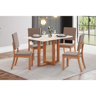 Sala De Jantar Completa Natalí C- Tampo Madeirado C- Vidro Reto 120x80cm E 4 Cadeiras Milla Nature-veludo Light Marrom Amêndoa - Henn