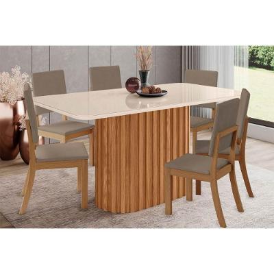 Sala De Jantar Completa Solana Sc68 Tampo Madeirado C- Vidro Canto Curvo 160x90cm E 6 Cadeiras Milla Nature-veludo Light Marrom Amêndoa - Henn
