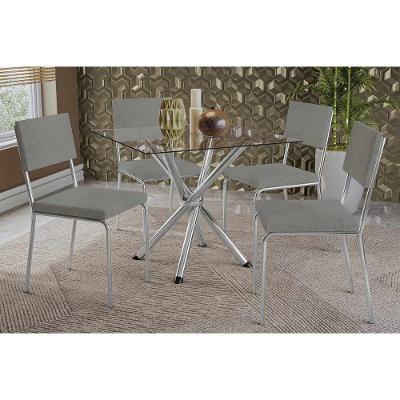 Sala De Jantar Completa Volga C- Tampo De Vidro 90x90cm E 4 Cadeiras Zaria Cromado - Boucle Cinza - Kappesberg