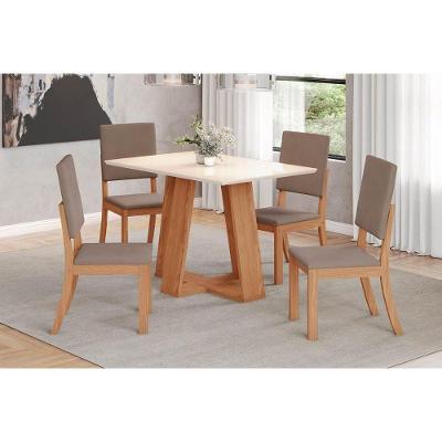 Sala De Jantar Completa Lins C- Tampo Madeirado 120x80cm E 4 Cadeiras Milla Nature-off White - Suede Marrom - Henn
