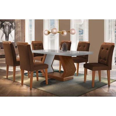 Sala De Jantar Completa Alvorada Tampo Madeirado C- Vidro Canto Reto 180x90cm E 6 Cadeiras Imperatriz Imbuia-off White - Veludo Marrom - Rufato
