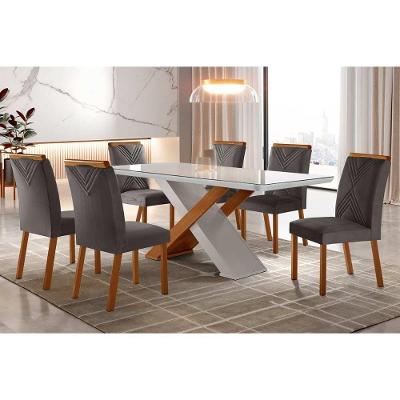 Sala De Jantar Completa Imperatriz Tampo Madeirado C- Vidro Curvo 180x90 E 6 Cadeiras Amsterdã Imbuia-veludo Grafite - Rufato
