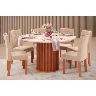 Sala De Jantar Completa Viena Tampo Madeirado C- Vidro 136cm E 6 Cadeiras Zoe Freijo-off White - Suede Creme - Dj Móveis