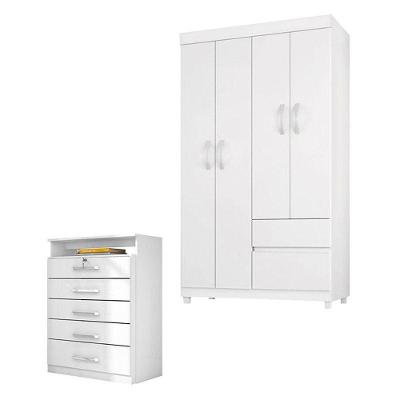 Cômoda Triunfo E Guarda Roupa Solteiro Lótus Branco Flex - Demóbile