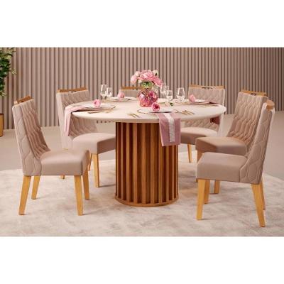 Sala De Jantar Completa Viena Tampo Madeirado C- Vidro 136cm E 6 Cadeiras Bia Freijo-off White - Suede Kraft - Dj Móveis