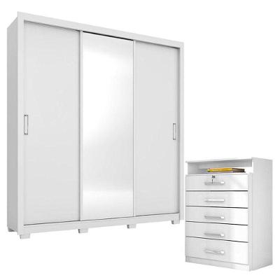 Cômoda Triunfo E Guarda Roupa Casal Residence Branco Com Pés - Demóbile