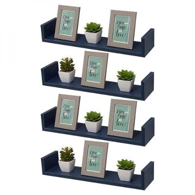 Kit 4 Prateleiras em U 50X20cm Azul com Suporte Invisível
