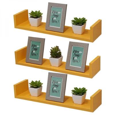 Kit 3 Prateleiras em U 90X20cm Amarela com Suporte Invisível