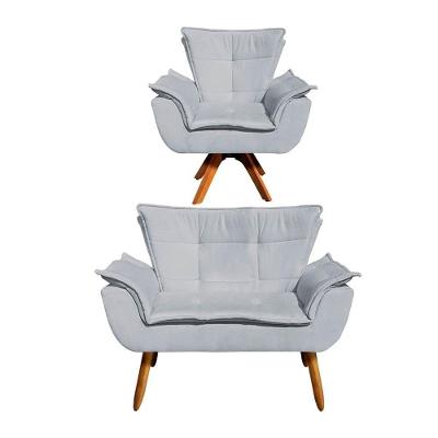 Kit Namoradeira 2 Lugares E 1 Poltrona Decorativa Giratória Madeira Opla Suede Cinza - Ibiza