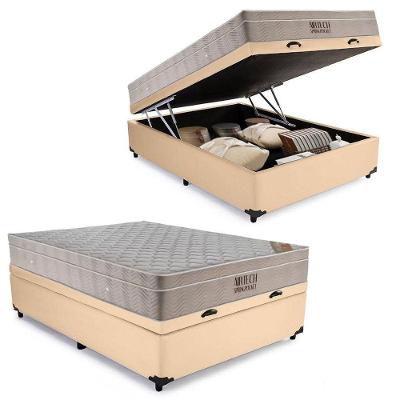 Cama Baú Casal Sintético + Colchão Casal Ortobom Airtech Molas Springpocket (65x138x188) Bege