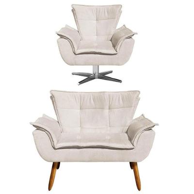 Kit Namoradeira 2 Lugares E 1 Poltrona Decorativa Giratória Cromada Opla Suede Bege