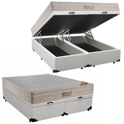 Cama Box Baú Queen Sintético Bipartido + Colchão Airtech Molas Ensacadas 65x158x198 Cor:branco
