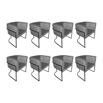 Kit 8 Poltronas Decorativa Sala De Estar Base De Ferro Preta Veludo Cinza