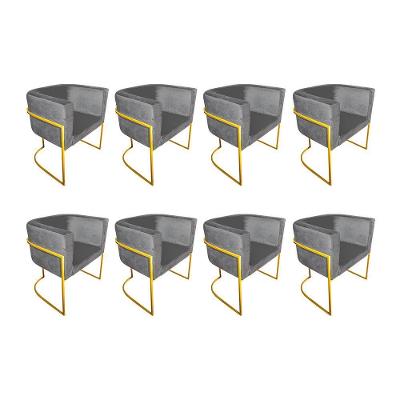 Kit 8 Poltronas Decorativa Sala De Estar Base De Ferro Dourada Veludo Cinza