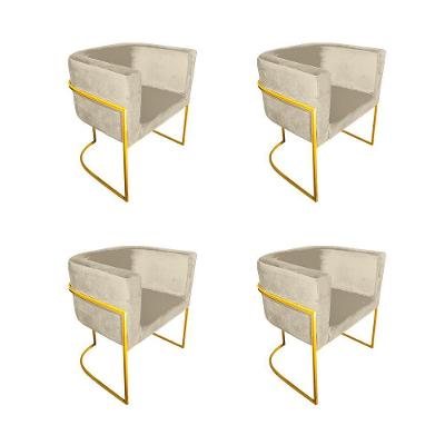 Kit 4 Poltronas Decorativa Sala De Estar Base De Ferro Dourada Veludo Bege
