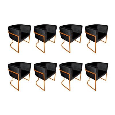 Kit 8 Poltronas Decorativa Sala De Estar Base De Ferro Cobre Veludo Preto