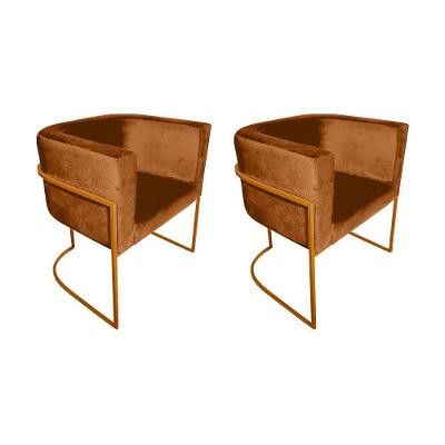 Kit 2 Cadeiras De Jantar Premium Base De Ferro Cobre Veludo Terracota Laranja
