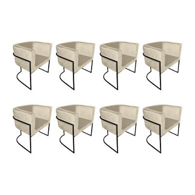Kit 8 Poltronas Decorativa Sala De Estar Base De Ferro Preta Veludo Bege