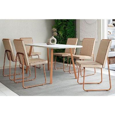 Sala De Jantar Completa Ariel Maior 1601 Tampo Madeirado C- Vidro 160x80cm E 6 Cadeiras Lira Rose-off White - Rose-areia - Caramelo - Carraro