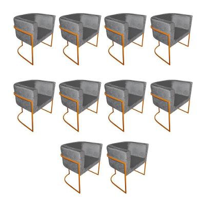 Kit 10 Poltronas Decorativa Sala De Estar Base De Ferro Cobre Veludo Cinza