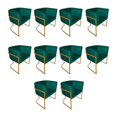 Kit 10 Cadeiras De Jantar Premium Base De Ferro Cobre Veludo Verde