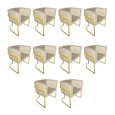 Kit 10 Cadeiras De Jantar Premium Base De Ferro Dourada Veludo Bege