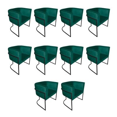 Kit 10 Poltronas Decorativa Sala De Estar Base De Ferro Preta Veludo Verde