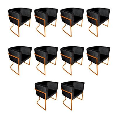Kit 10 Poltronas Decorativa Sala De Estar Base De Ferro Cobre Veludo Preto