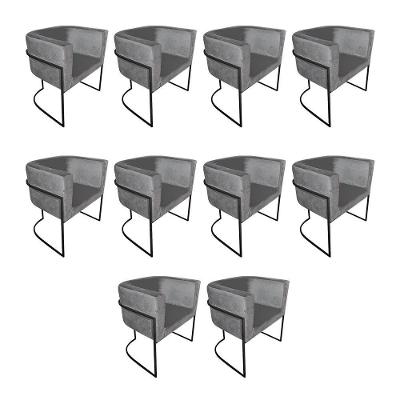 Kit 10 Cadeiras De Jantar Premium Base De Ferro Preta Veludo Cinza
