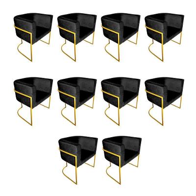Kit 10 Poltronas Decorativa Sala De Estar Base De Ferro Dourada Veludo Preto