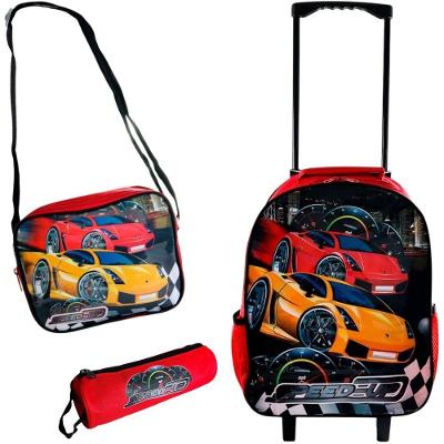Kit Escolar Infantil Mochila Lancheira Estojo 3 Peças Estampa Carrinho Vermelha