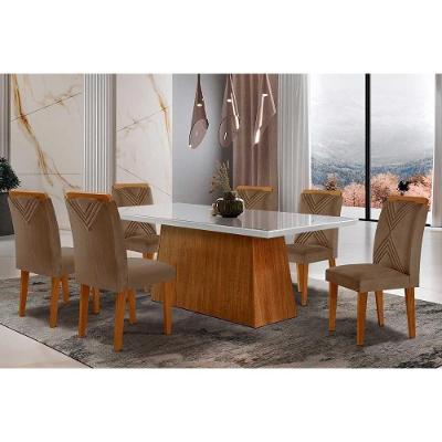 Sala De Jantar Completa Luna Tampo Madeirado C- Vidro Reto 180x90 E 6 Cadeiras Amsterdã Imbuia - Veludo Capuccino - Rufato