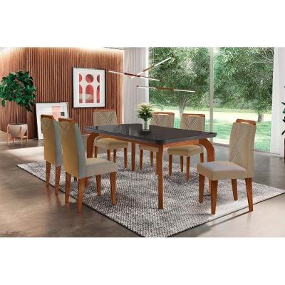 Sala De Jantar Completa Londrina Tampo Madeirado C- Vidro Curvo 180x90 E 6 Cadeiras Amsterdã Imbuia - Veludo Capuccino - Rufato