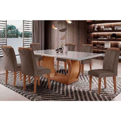 Sala De Jantar Completa Jade Tampo Madeirado C- Vidro Curvo 180x90 E 6 Cadeiras Amsterdã Capuccino-suede Capuccino - Rufato