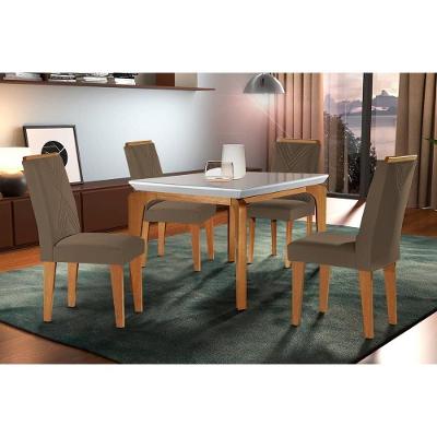 Sala De Jantar Completa Londrina C- Tampo Madeirado Vidro Canto Reto 120x80cm E 4 Cadeiras Amsterdã Imbuia-off White - Suede Capuccino - Rufato
